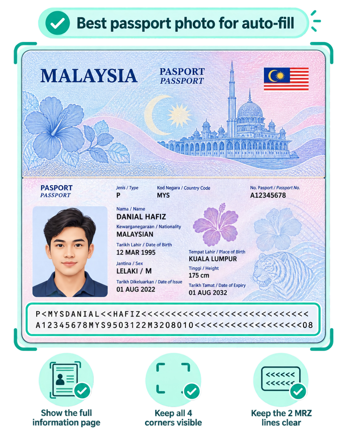 Passport photo guide: show the full information page, all four corners and both MRZ lines